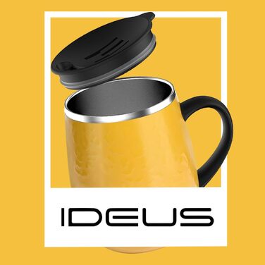 Кружка для кави та чаю Ideus 470 мл з подвійними стінками, з нержавіючої сталі, з нековзким ручним тримачем та кришкою-ковзаючою панеллю, великий об'єм (Трав'яний зелений) (Леопардовий жовтий)
