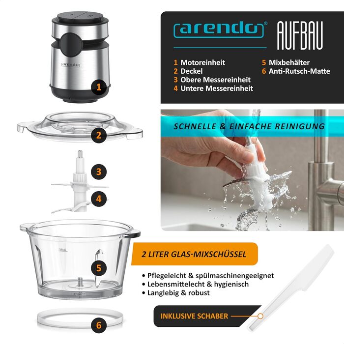 Електричний подрібнювач Arendo з нержавіючої сталі, 500 Вт, об'єм 2 л, для м'яса, горіхів, фруктів, овочів та іншого