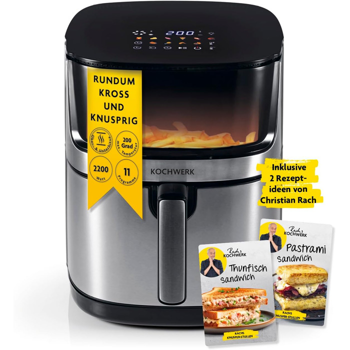 Фритюрниця RACHS KOCHWERK Vario-Doppelkammer 9 л з роздільною камерою, сенсорним екраном та 8 програмами | Airfryer для смаження без олії, з функцією Smart-Cook (нержавіюча сталь / чорний)