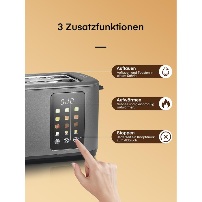 Тостер на 4 підсмажувальні слоти, 1400W, нержавіюча сталь, довгі слоти, 9 режимів підсмажування, 3 види хліба, функція відключення, розморожування та підігріву, сенсорне керування, з насадкою для бутербродів (сірий)