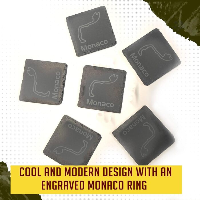 Nürburgring Coasters for Drinks, 6-Piece Set of Slate Coasters, for Home and Dining Room, Decoration, Racing Fans (Monaco)