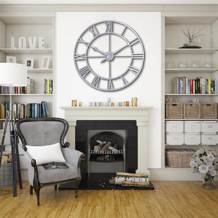 Samilito Large Wall Clock in Vintage Style, Round, Silent, Silver. Includes a FREE extra set of black clock hands. Metal clock for Loft, Living Room, Bedroom, and Kitchen decoration (Silver, 76 cm)
