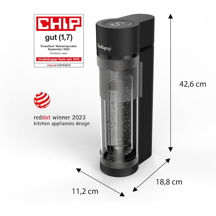 Sodapop Wassersprudler Logan: Набір для газування води з CO₂ балончиком та 3 скляними пляшками, матовий чорний, 42,6 см