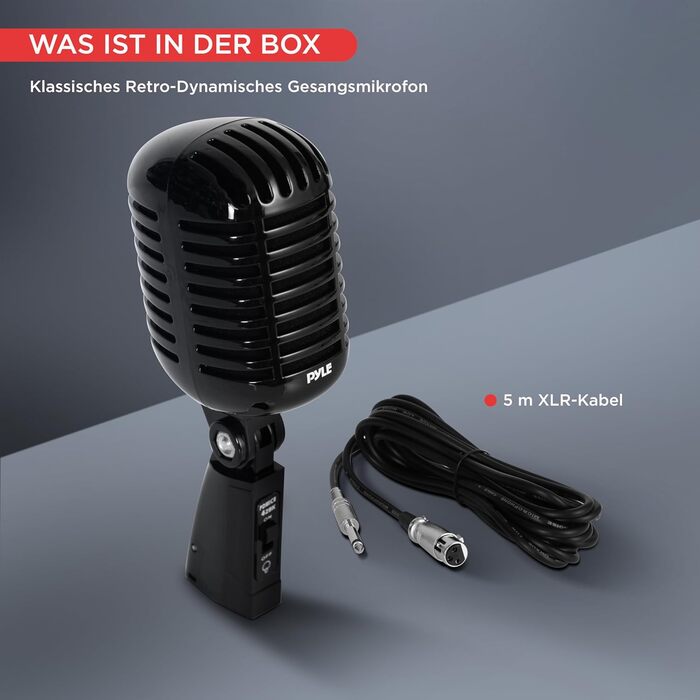 Мікрофон Pyle Динамічний Ретро-стиль, для вокалу та запису, з XLR-кабелем 4.88м, сумісний зі стандартним кріпленням, чорний