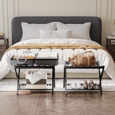 SMIBUY Luggage Rack, Foldable Bamboo Suitcase Stand with Storage Shelves for Guest Room, Bedroom, Hotel, Heavy Duty (Black)