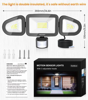 MEIKEE 42W LED Flood Light with Motion Sensor Outdoor 3600LM Outdoor Floodlight IP66 Waterproof LED Floodlight 6500K Three-Head 180° Adjustable Spotlight for Garage Garden Terrace Yard