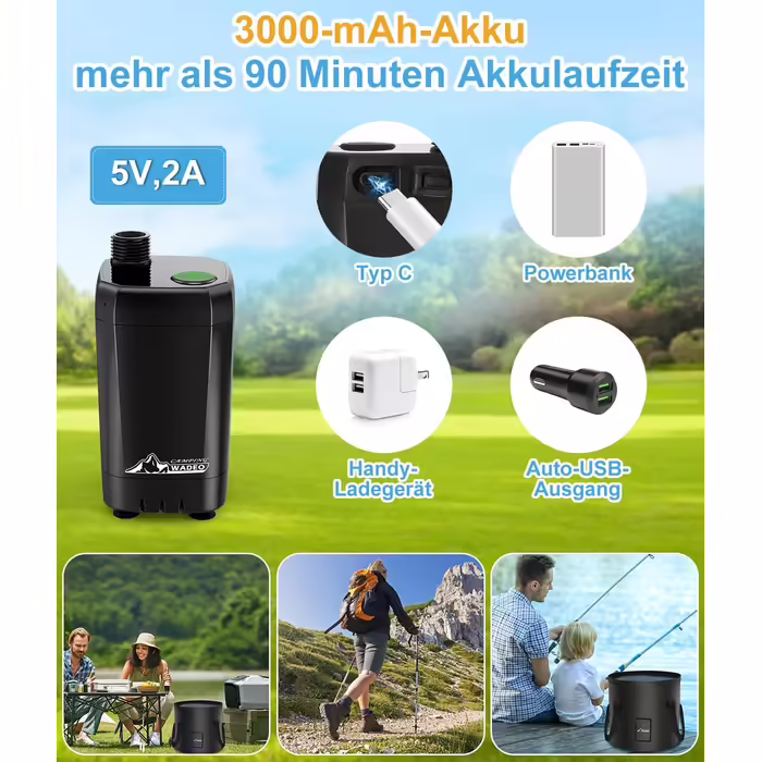 WADEO Portable Camping Shower Battery with Pump and Shower Bucket, Camping Shower with Rechargeable Battery, Mobile Shower Outdoor Showers with Shower Head, for Camping Trips, Garden, Hiking, Car Washing (Black, with 20L Container)