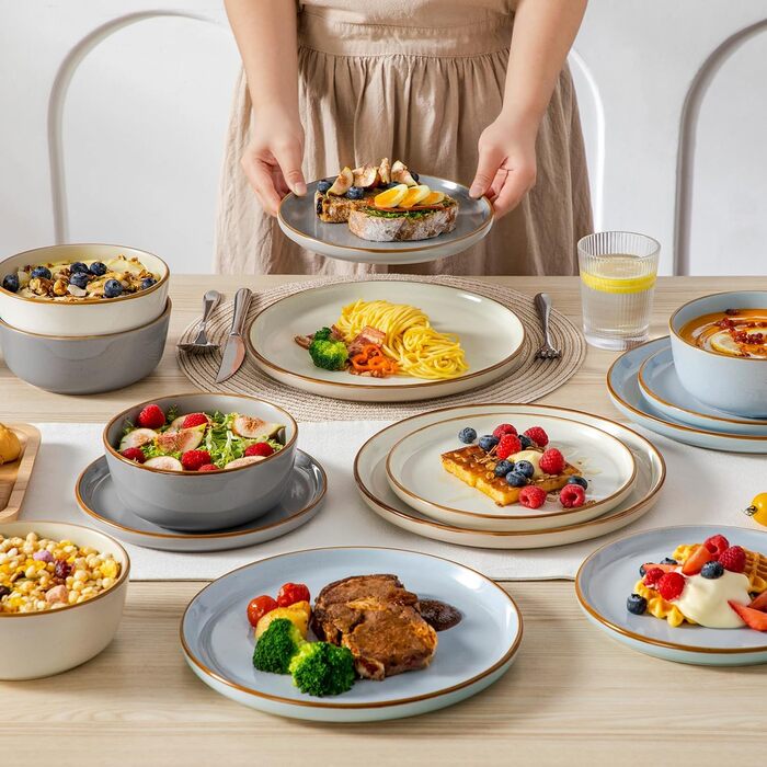 Набір посуду vancasso RENO 36 предметів: тарілки, супові тарілки, десертні тарілки, миски. Набір посуду з кераміки для 6 осіб, сучасний дизайн, безпечний для миття в посудомийній машині та розігріву в мікрохвильовій печі.