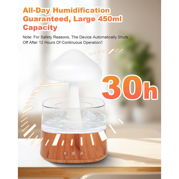 Увлажнитель воздуха 'Rain Cloud', 450 мл, с 3 режимами, 7 цветами, LED-подсветкой, аромадиффузор, нано-туман, лампа 'Гриб-дощ' для дитячої кімнати, спальні, дому, офісу (білий) (дерев'яний масив)