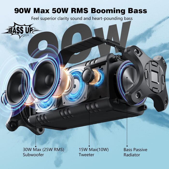W-KING Портативна Bluetooth Колонка 90W з Глибоким Басом, 40 годин роботи, IPX6 Водостійкість, Powerbank, TF-карта, NFC, AUX, BT 5.0, EQ, для Outdoor, Зелений (Чорно-Білий)
