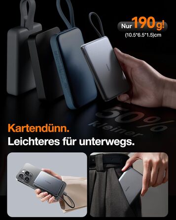 Портативний зарядний пристрій TORRAS Slim Powerbank 10000mAh з кабелем USB-C, 22.5W PD3.0, для iPhone, Samsung, AirPods, білий