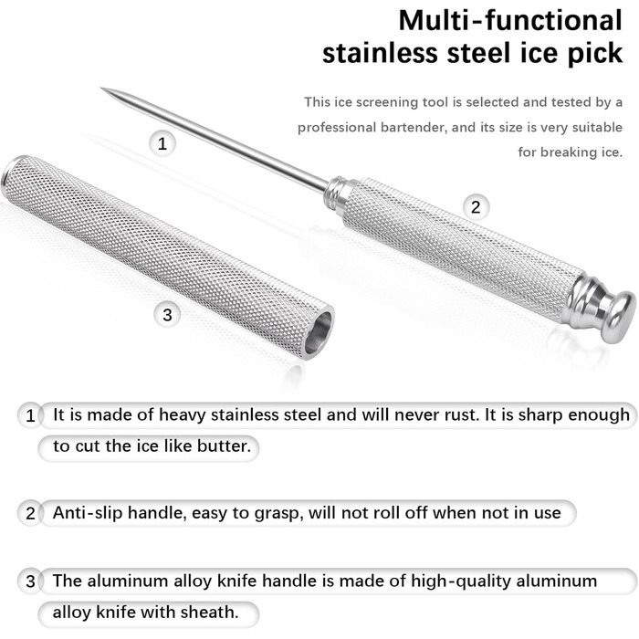 Aluminum alloy ice pick, stainless steel handle, knife with safety cover, ice tool, kitchen tool for restaurant, bar, home (silver)