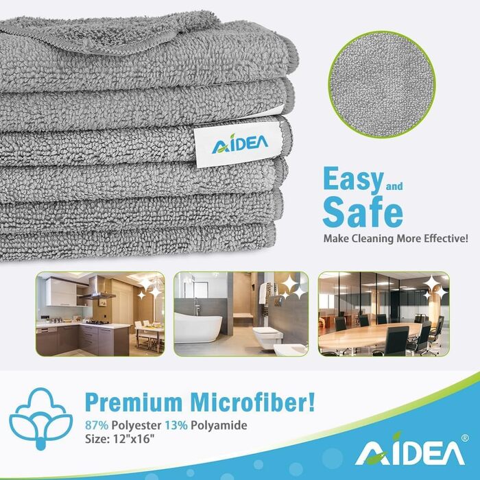 Серветки з мікрофібри AIDEA для прибирання, кухні та авто, без ворсу та розводів, 30 x 30 см, сірі, 24 шт.
