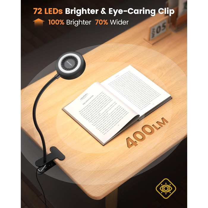 Світлодіодна приліжкова лампа Glocusent з кліпсою, 72 LED, 3 кольори світла, 5 рівнів яскравості, нічник, таймер, захист очей, для читання, роботи (чорна з пультом)