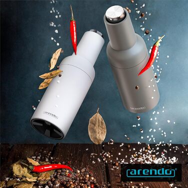 Arendo - Electric Salt and Pepper Grinder Set - 2 Piece - One-Handed Operation - Grinds Automatically When Tipped - Salt and Pepper Dispenser - Spice Grinder with Ceramic Grinding Mechanism - Grind Settings Infinitely Adjustable