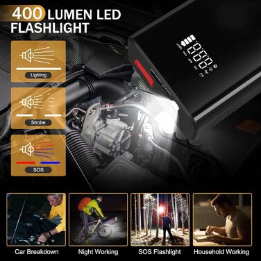 Powerbank з компресором для запуску авто 12V, 10L бензин/8L дизель, LED-ліхтар, швидка зарядка, чорний