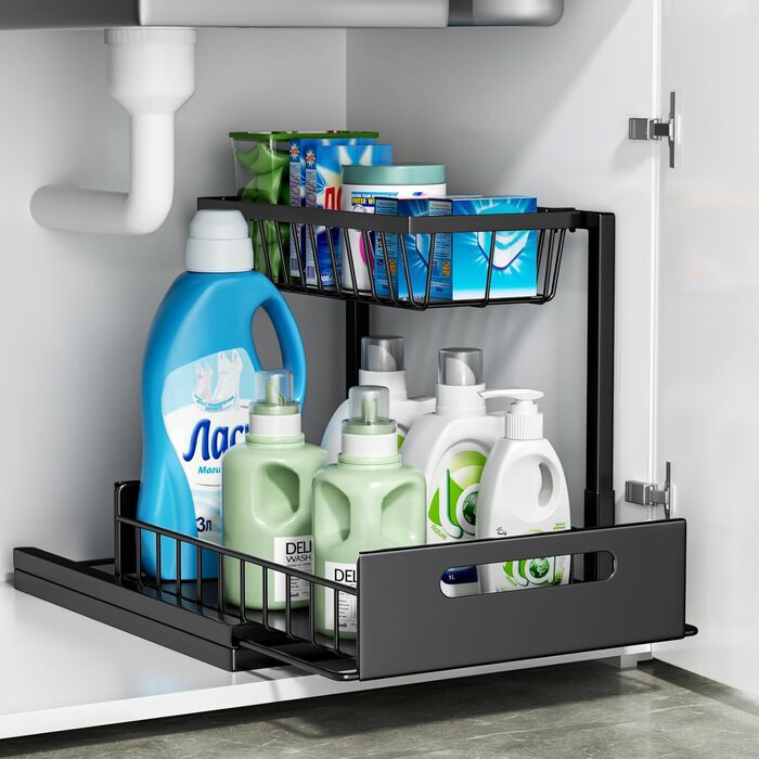 Cocolemon Metal Under Sink Shelf, 2-Tier Kitchen Cabinet Organizer with Drawer, Large Capacity Under Sink Shelf, Spice Rack and Kitchen Helper for Kitchen, Bathroom, Under Cabinet, Black