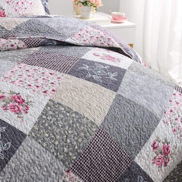 Tagesdecke Qucover для двоспального ліжка 220x240 см, стеганий комплект з подушками, квітковий принт, фіолетовий колір