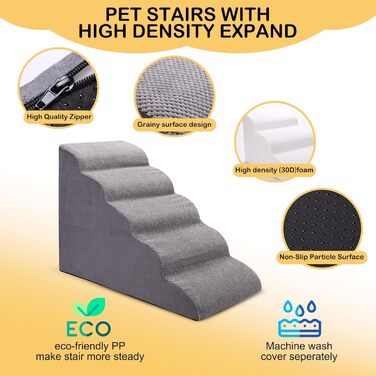 Trhillsbrad Breiter Hundetreppe 5 Stufen 62cm hoch für Kleine Hunde, Hochdichtem Schaumstoff Haustiertreppe, Waschbarem Bezug und Rutschfestem Boden