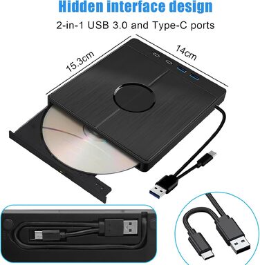 Зовнішній CD/DVD привід USB 3.0 Type-C з картридером SD/TF, портативний CD/DVD записувач для ноутбука, ПК, MacBook (Windows, macOS, Linux)
