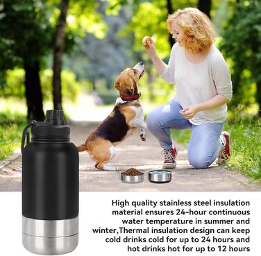 Водяна пляшка для собак на 950 мл з мискою – ізольована сталева пляшка для води, портативна, BPA-free, для подорожей та прогулянок (Чорний, L)