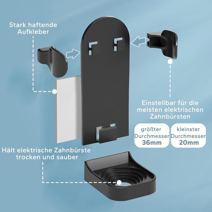 Двоматричний електричний тримач для зубних щіток HOMMAND для кріплення на стіну, чорний (2 шт.)