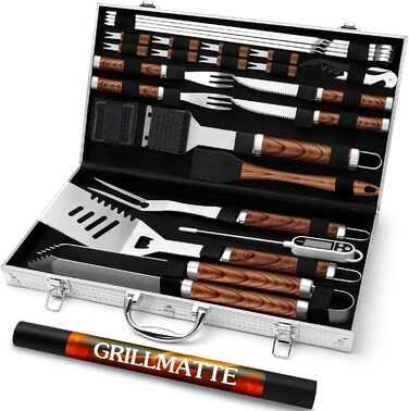 Grilliance 26-Piece Stainless Steel Grill Accessory Set - High-Quality BBQ Grill Utensil Case - Perfect Grill Tool Set for Men - Gift with Portable Storage Case and Meat Thermometer - Brown