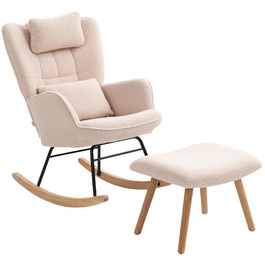 HOMCOM Rocking Chair with Ottoman, Soft Fleece Upholstery, Wooden Legs, Cushion, High Back, Rocker, Beige