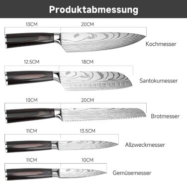 Набір кухонних ножів Gustrug 5 шт. з нержавіючої сталі, ергономічні ручки, професійний набір ножів з кухарським, хлібним, сантоку, універсальним та овочевим ножами, подарункова коробка