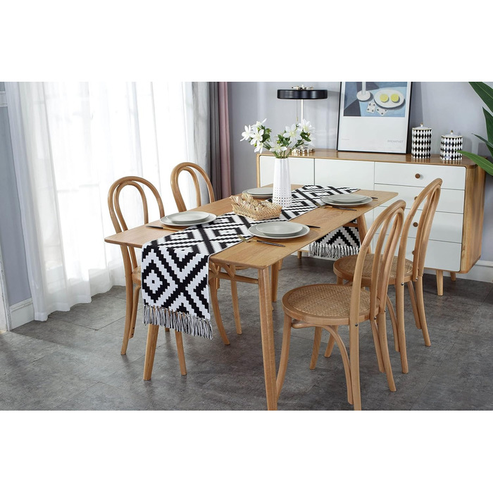 KnBoB Cotton Linen Table Runner Black and White Geometric Puzzle Pattern with Tassels for Dining Room Party Holiday Decoration, Size 32x160CM