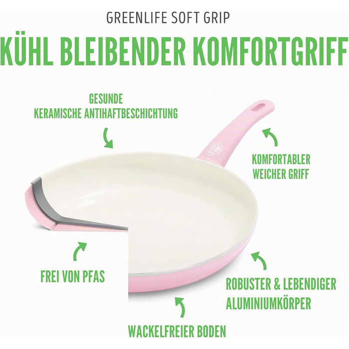 Набір кухонного посуду GreenLife Soft Grip з керамічним антипригарним покриттям, 16 предметів (сковорода, сотейник, каструлі), без PFAS, підходить для посудомийки та духовки, Рожевий