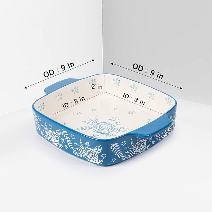 Wisenvoy Backform Ceramic Brownie Pan 9x9 Baking Dish Casserole Dish Lasagna Pan Square Rose Dish Pan Bakeware Sets Blue