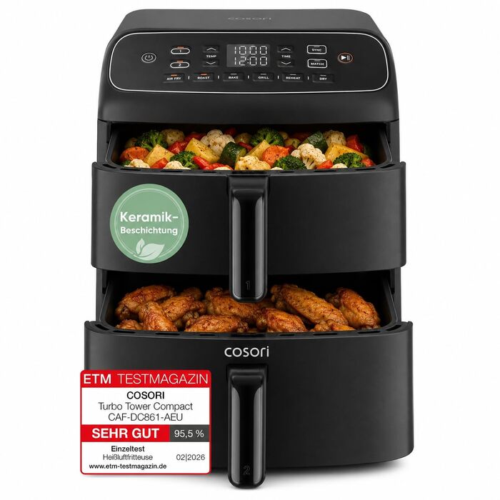 COSORI Airfryer Turbo Tower Compact 8.6L: Фритюрниця з двома камерами, керамічне покриття, 2700W, чорна