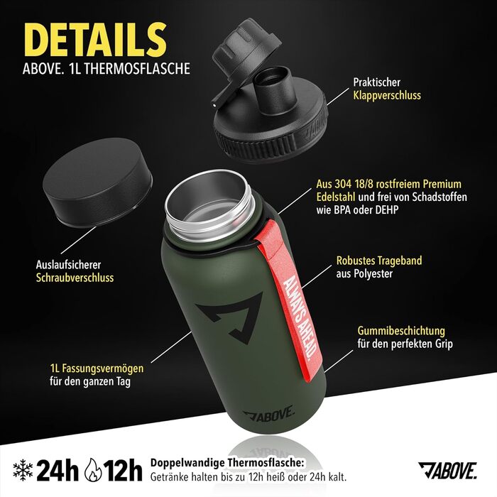 Термофляга ABOVE Edelstahl 1л оливкова: нержавіюча сталь, BPA-free, 12 год гаряче/24 год холодне, для фітнесу, спорту, активного відпочинку