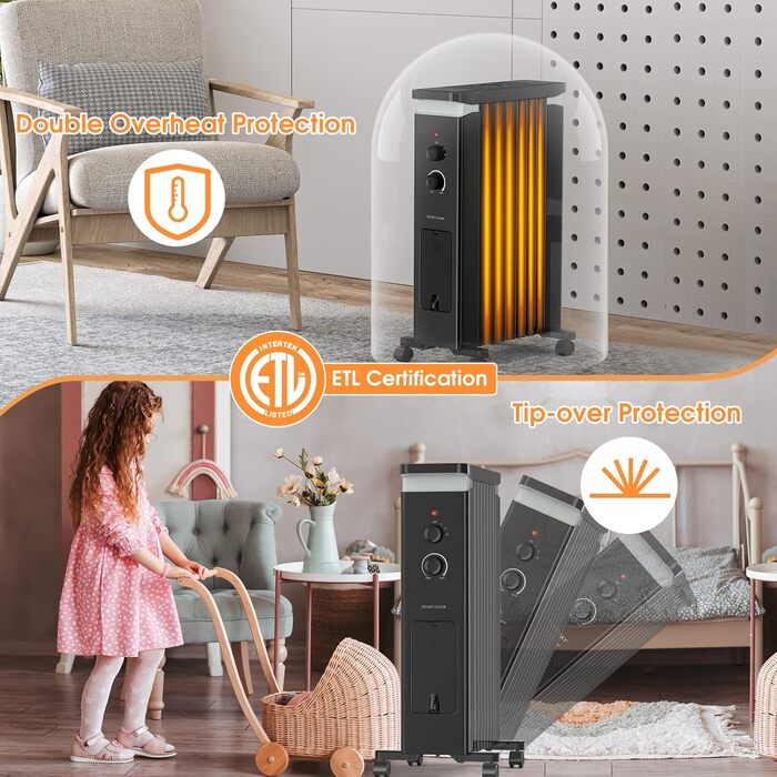 RELAX4LIFE Oil Radiator 1500W, Electric Heater with 7 Fins & 3 Heat Settings & Towel Rail, Electric Heater Energy-Saving, Electric Heater Overheat Protection & Tip-Over Protection, 5-35° C (Black)