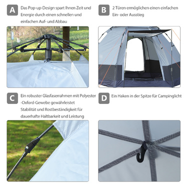 Outsunny Camping Tent 3-4 Person, Family Tent, Dome Tent, 210T PU, Steel, Fiberglass, Gray+Black, 240 x 240 x 195 cm | Aosom