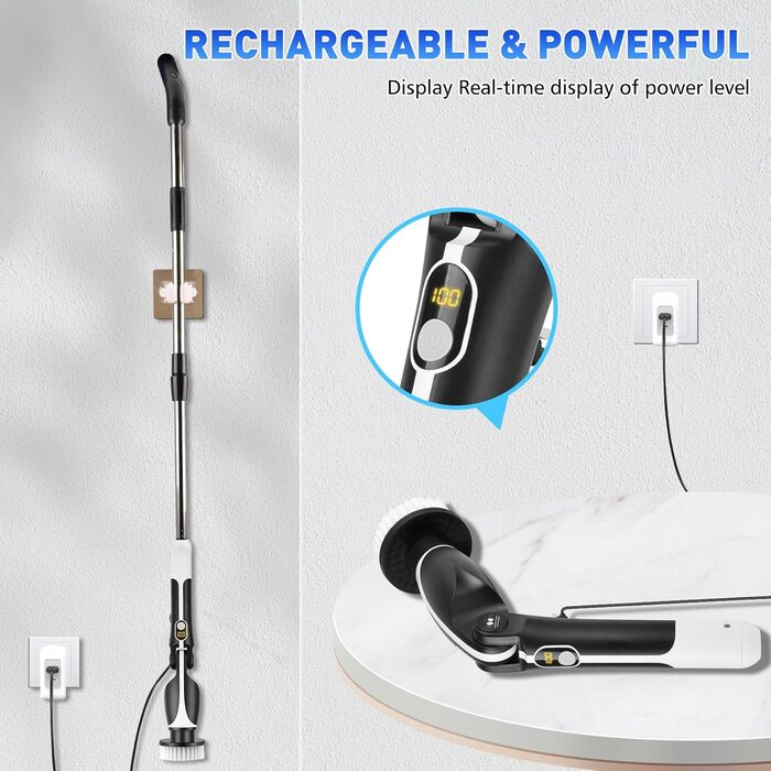 Електрична щітка для прибирання з 8 насадок, включаючи щітку для унітазу. 2 швидкості, регульована ручка для ванної, кухні, авто
