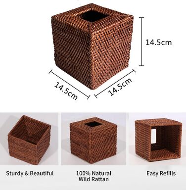 Rattan Cosmetic Tissue Box, 14 x 14 x 14.5 cm, Handwoven Square Tissue Box, Natural Decorative Tissue Box, Tissue Holder (Square, Honey Brown)