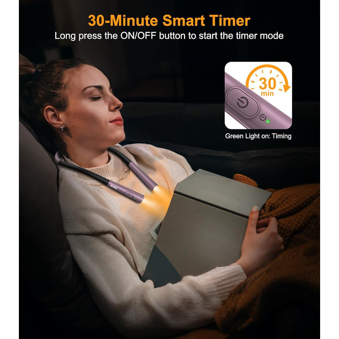 Настільна лампа Gritin для читання, на шию, з 4 кольорами та 5 рівнями яскравості - безступеневе регулювання, захист очей, акумулятор 80 годин, регульована рука, ергономічне світло для читання в ліжку/в'язання/рукоділля (нічне фіолетове)