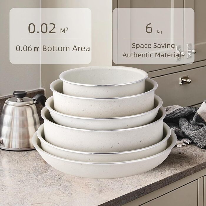 Набір посуду RIOVARM з індукційним дном: каструлі та сковороди з антипригарним гранітним покриттям та знімними ручками, кришки з силікону, бежевий колір