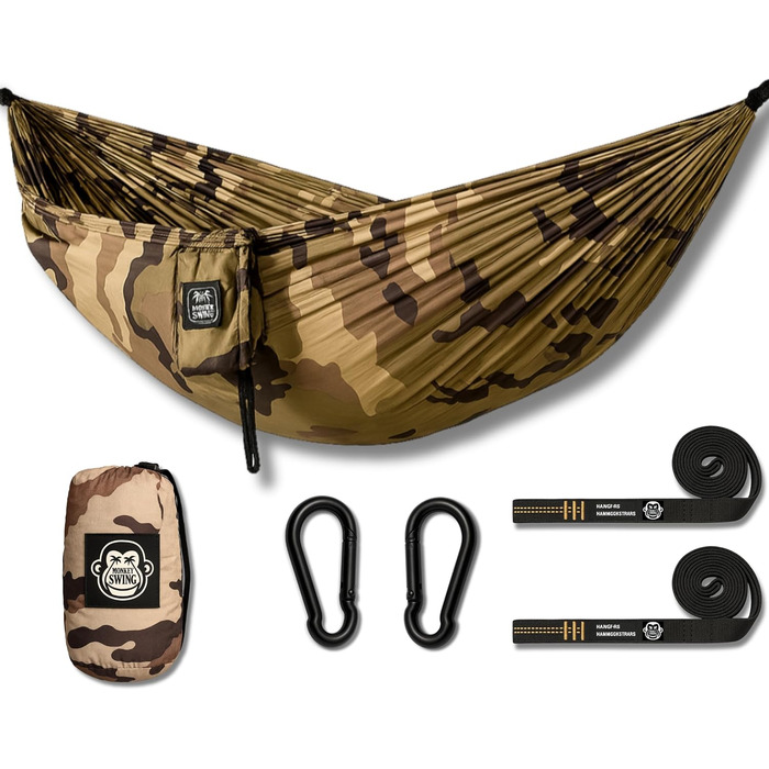 Ultralight Hammock including Carabiners & Heavy-Duty Straps (load capacity up to 220 kg, 275 x 140 cm) – ideal for camping, outdoor activities, trekking & as a travel hammock (Turquoise/Orange) (Camouflage)