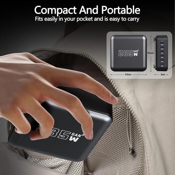 Зарядний пристрій USB-C GaN 285W, 6 портів: Швидка зарядка PD+QC для ноутбуків, MacBook, iPhone 16, Galaxy S23 та інших