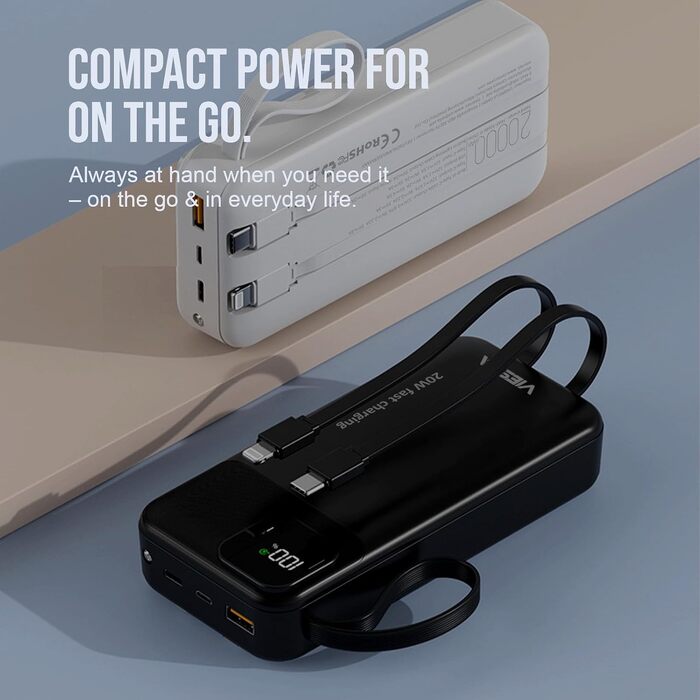 Універсальний зовнішній акумулятор All-IN-ONE Powerbank 10000 mAh чорний: швидка зарядка 22.5W, PD 20W, бездротова зарядка 15W, зарядний пристрій для Apple Watch, вбудовані кабелі USB-C та Lightning, LED-дисплей, алюмінієва підставка