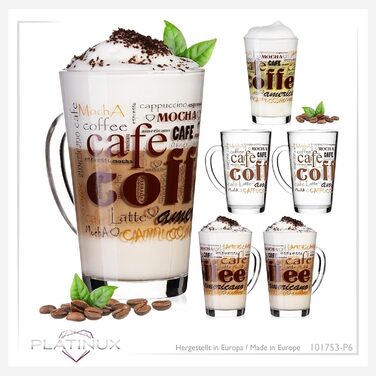 PLATINUX Coffee Glasses with Motif, max. 350ml, Set of 6, Glass Latte Macchiato Glasses with Handle, Cappuccino Glasses