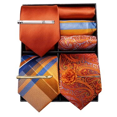 Набір краваток Barry.Wang для чоловіків з візерунком пає, тканина - шовк, з чохлом, краваткові затискачі, формальний стиль (оранжево-смугастий)