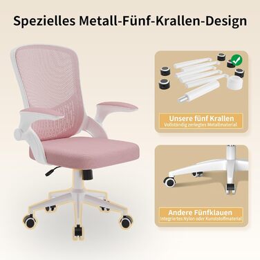 Офісний стіл Naspiro Ergonomischer Bürostuhl з регульованими підлокітниками 90°, підтримкою попереку, дихаючою сіткою та рожевим кольором (без підголівника)