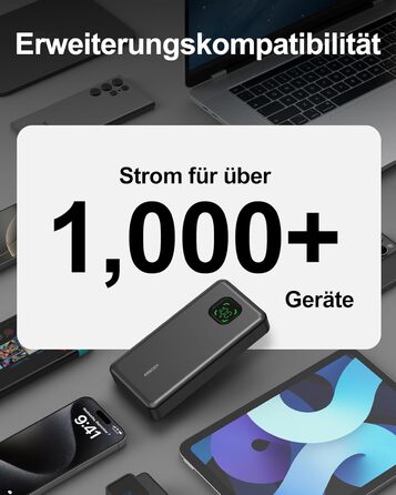 Power Bank 65W 25000mAh Klein Aber Stark для ноутбука та iPhone/iPad: портативний акумулятор з LED дисплеєм, USB-C, сірий