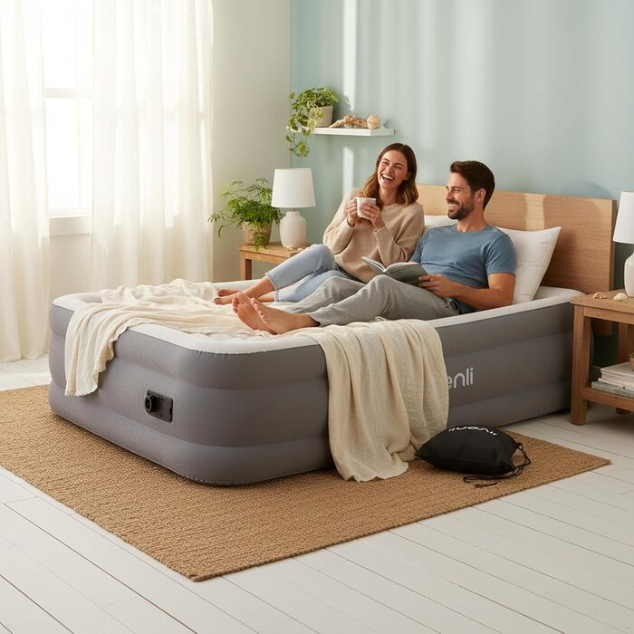 Надувний матрац-ліжко AVENLI самонадувний для 1 особи з інтегрованим насосом, висока ліжкомісце, флаокована поверхня для кемпінгу та дому (203x152x46 см)