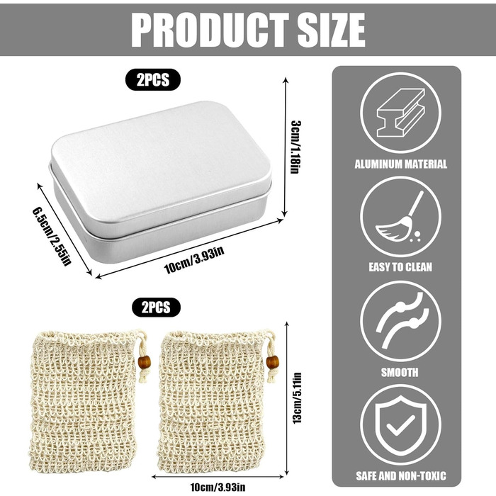 Алюмінієва мильниця з кришкою, підставка для мила та мішечок для мила з сизалю, нержавіюча сталь, для подорожей, підходить для твердого мила