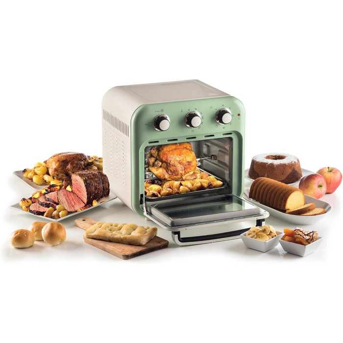 Аерофритюрниця та духовка Ariete Vintage 4632, 1400 Вт, 2-в-1, 16 л, з аксесуарами, таймер 60 хв, подвійне скло, зелена